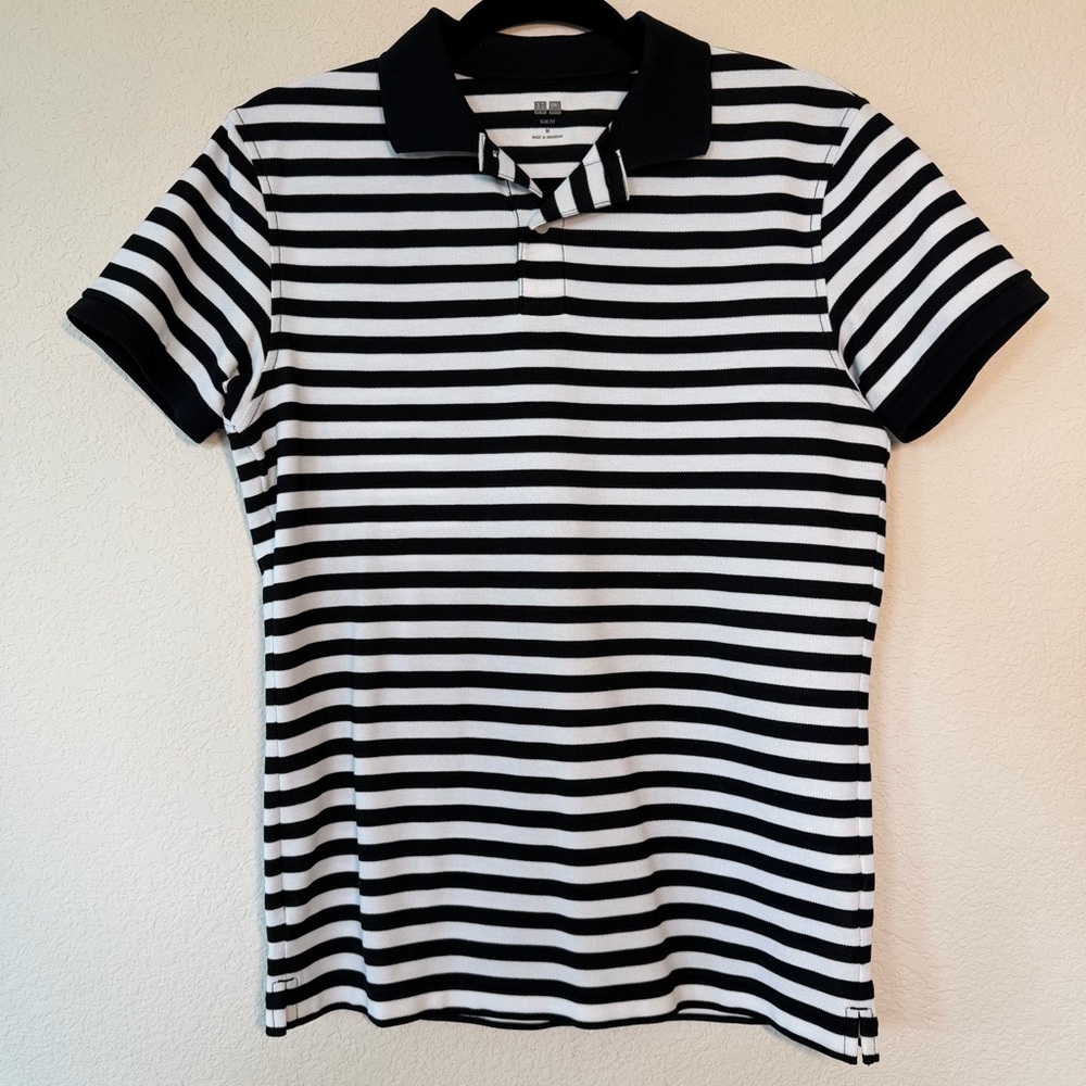 UNIQLO Men’s Black and White Striped Polo Shirt Slim Fit Size M